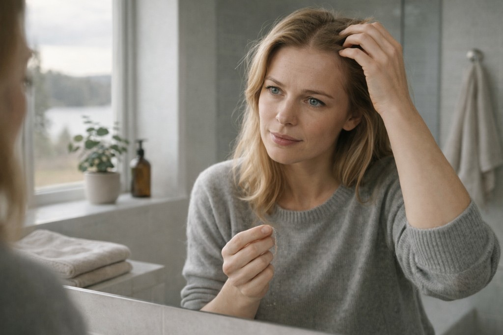 Woman calmly checking a few shed strands in front of a mirror in natural Nordic morning light