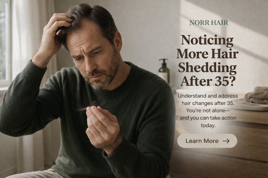 Man noticing increased hair shedding while looking at shed strands in his hand