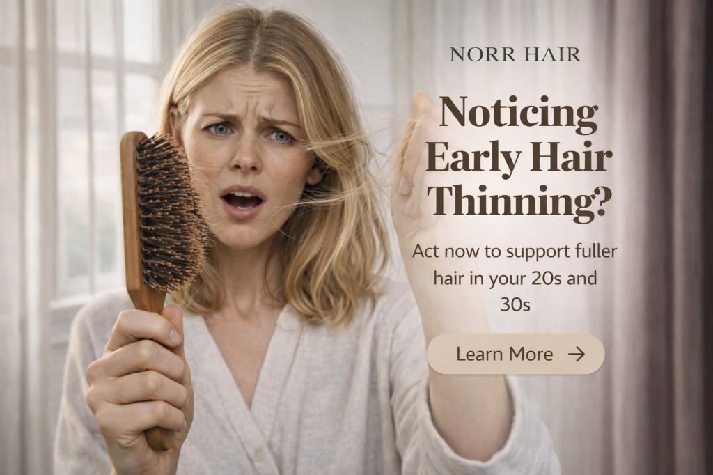 Woman noticing early hair thinning while holding shed hair in a brush